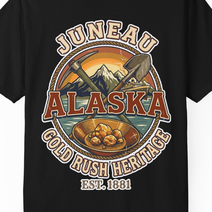Juneau Alaska Gold Rush Heritage Vintage Travel T-Shirt — Comfort T-Shirt – Alaska Cruise Shirts Close Up