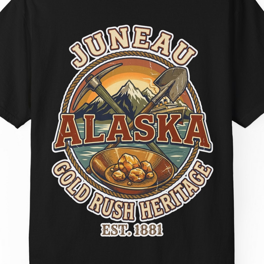 Juneau Alaska Gold Rush Heritage Vintage Travel T-Shirt — Comfort T-Shirt – Alaska Cruise Shirts Close Up