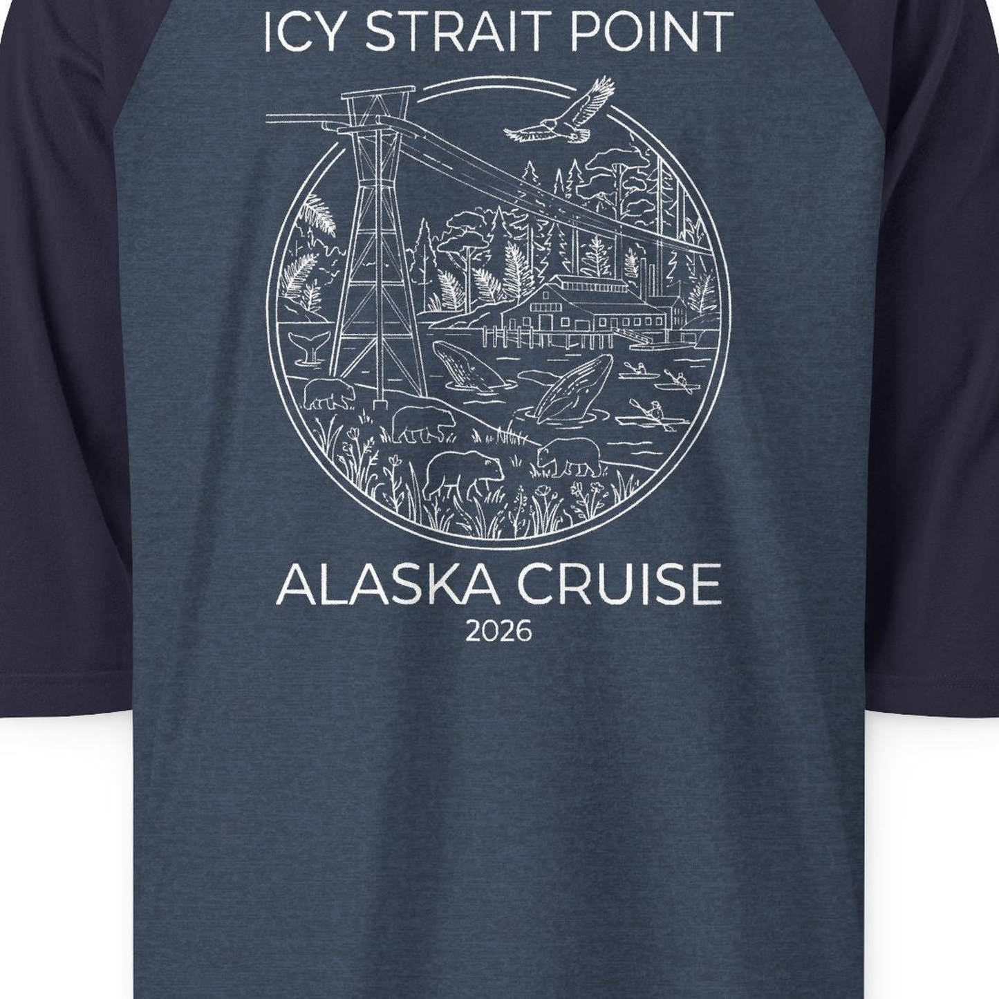 Icy Strait Point Alaska Cruise 2026 Nature Adventure T-Shirt — 3/4 Sleeve T-Shirt – Alaska Cruise Shirts Close Up