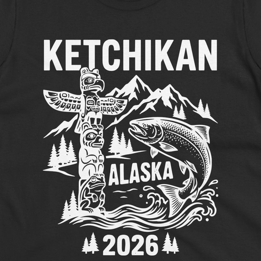 Ketchikan Alaska 2026 Totem Pole and Salmon Souvenir Shirt — Ladies Tee T-Shirt – Alaska Cruise Shirts Close Up