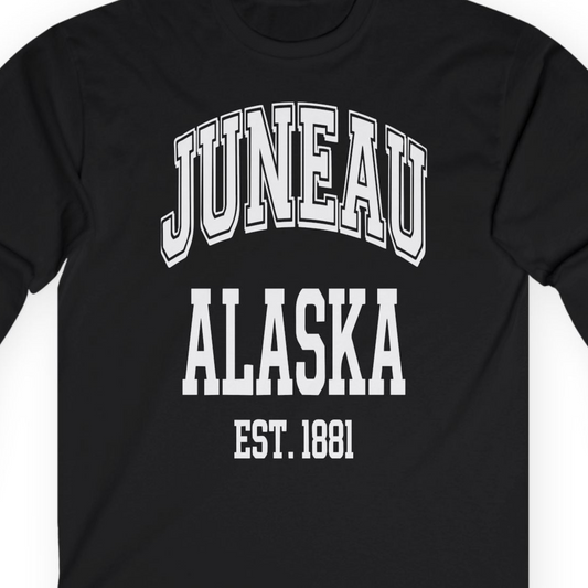 Juneau Alaska Est 1881 Classic Collegiate Souvenir Shirt — Long Sleeve T-Shirt – Alaska Cruise Shirts Close Up