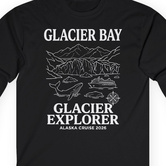 Glacier Bay Alaska Cruise 2026 Glacier Explorer Souvenir Shirt — Long Sleeve T-Shirt – Alaska Cruise Shirts Close Up