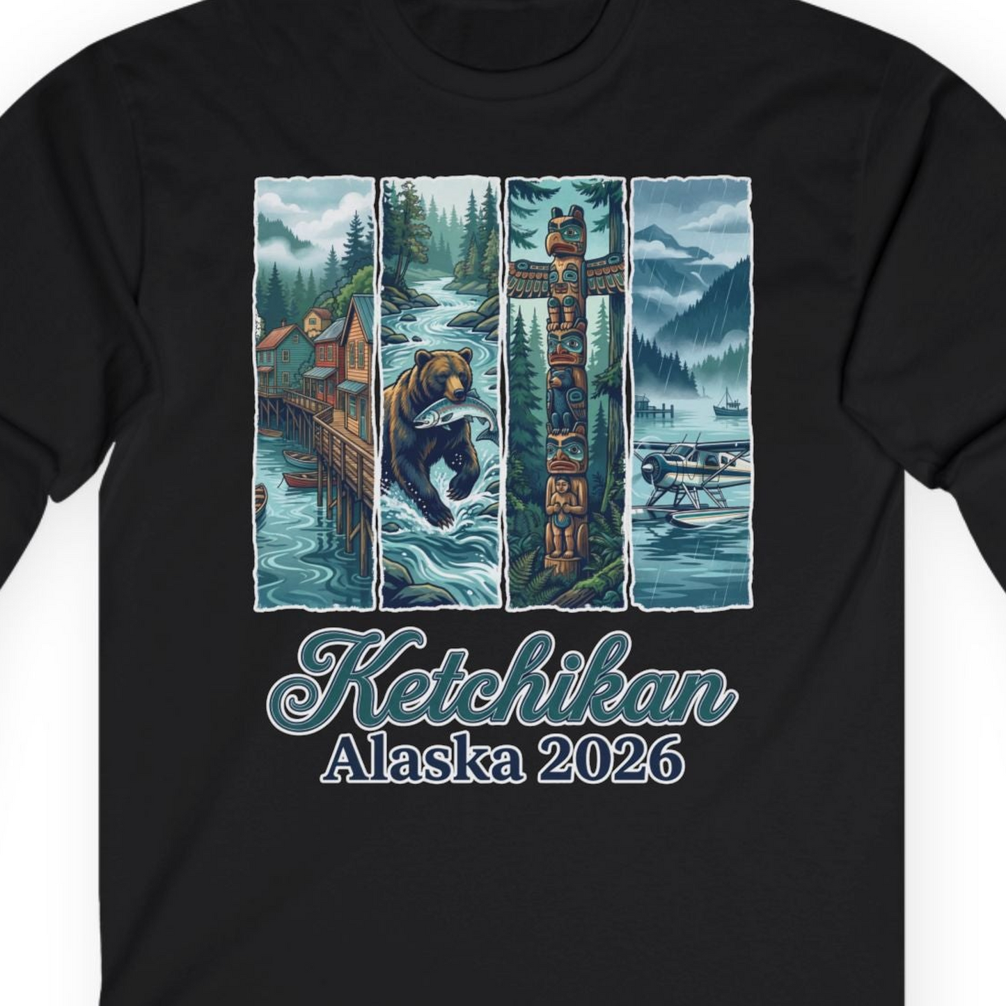 Ketchikan Alaska 2026 Scenic Nature and Totem Pole Art T-Shirt — Long Sleeve T-Shirt – Alaska Cruise Shirts Close Up