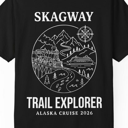 Skagway Trail Explorer Alaska Cruise Scenic Adventure Shirt — Comfort T-Shirt – Alaska Cruise Shirts Close Up
