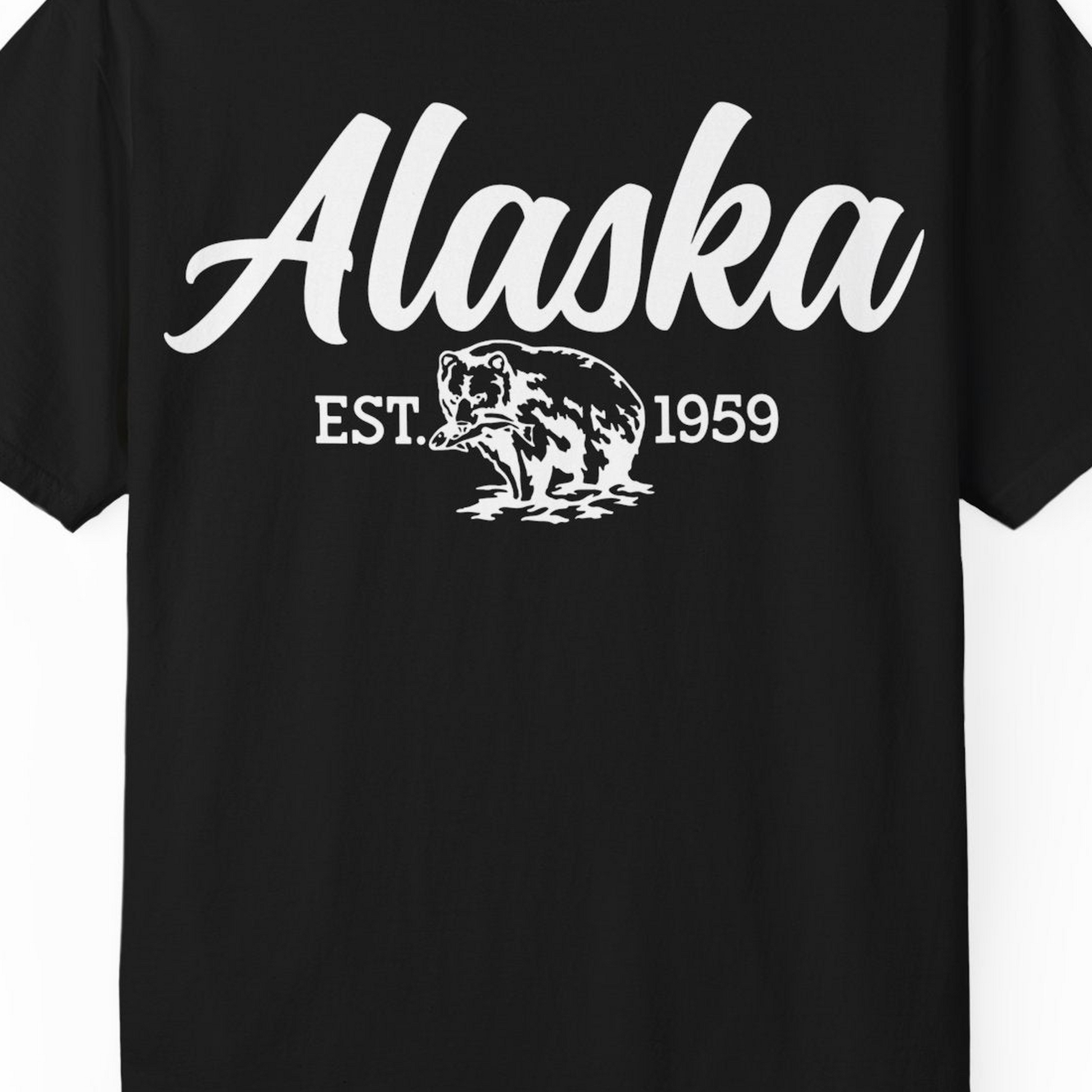 Alaska Bear Est 1959 Vintage Wildlife Graphic Monochrome Shirt — Comfort T-Shirt – Alaska Cruise Shirts Close Up