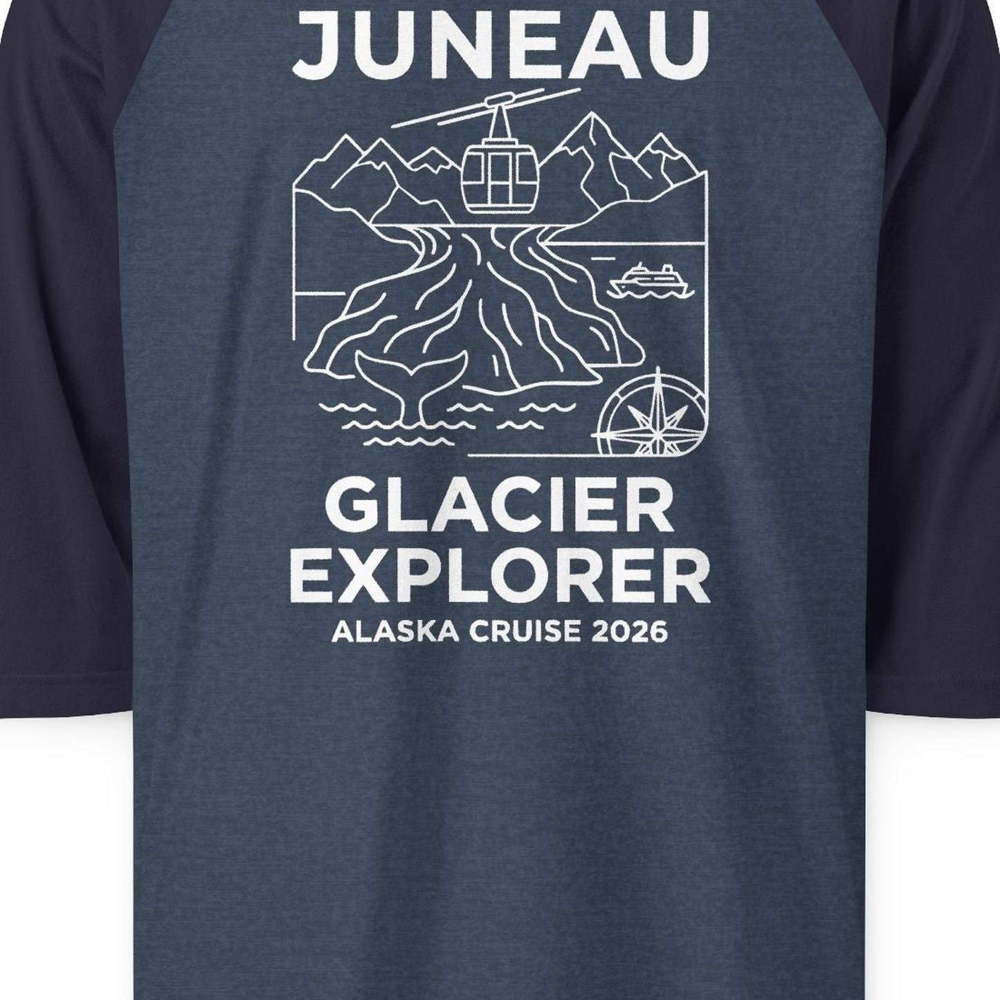 Juneau Glacier Explorer Alaska Cruise 2026 Adventure Shirt — 3/4 Sleeve T-Shirt – Alaska Cruise Shirts Close Up