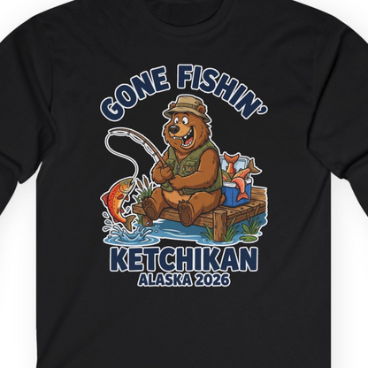 Gone Fishin Ketchikan Alaska 2026 Cartoon Bear Souvenir Shirt — Long Sleeve T-Shirt – Alaska Cruise Shirts Close Up