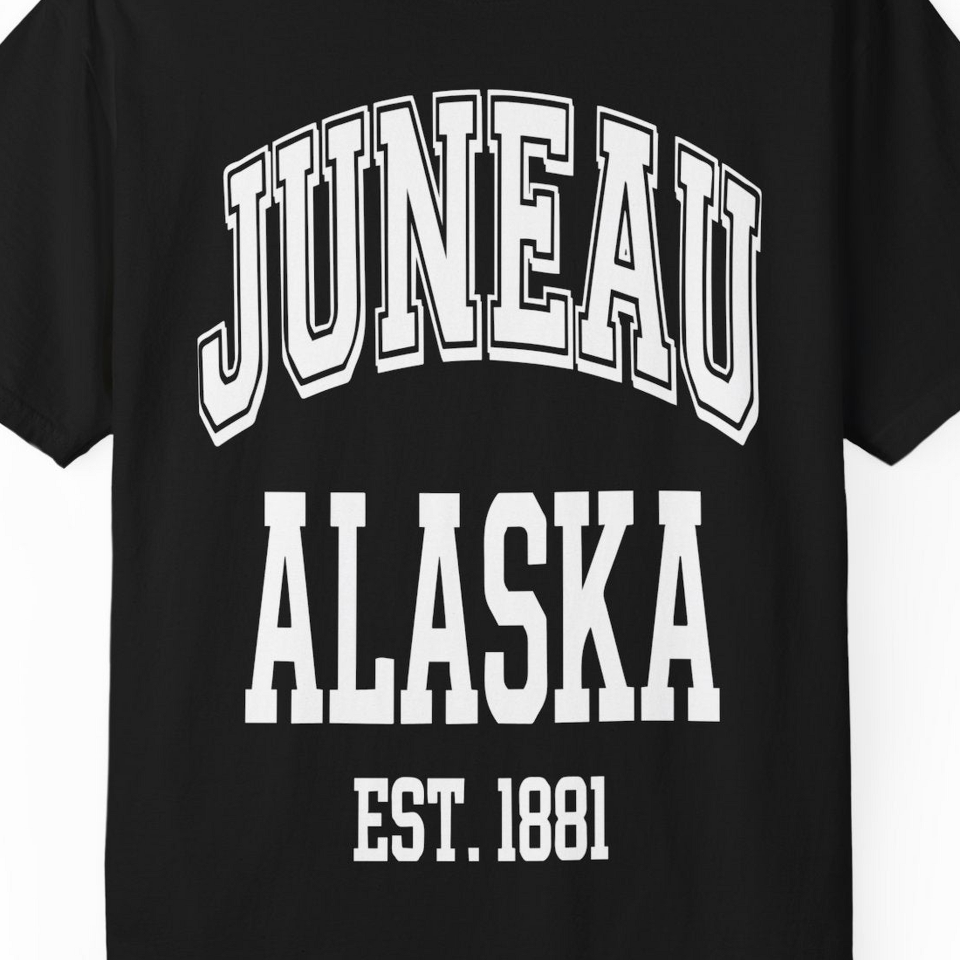 Juneau Alaska Est 1881 Classic Collegiate Souvenir Shirt — Comfort T-Shirt – Alaska Cruise Shirts Close Up