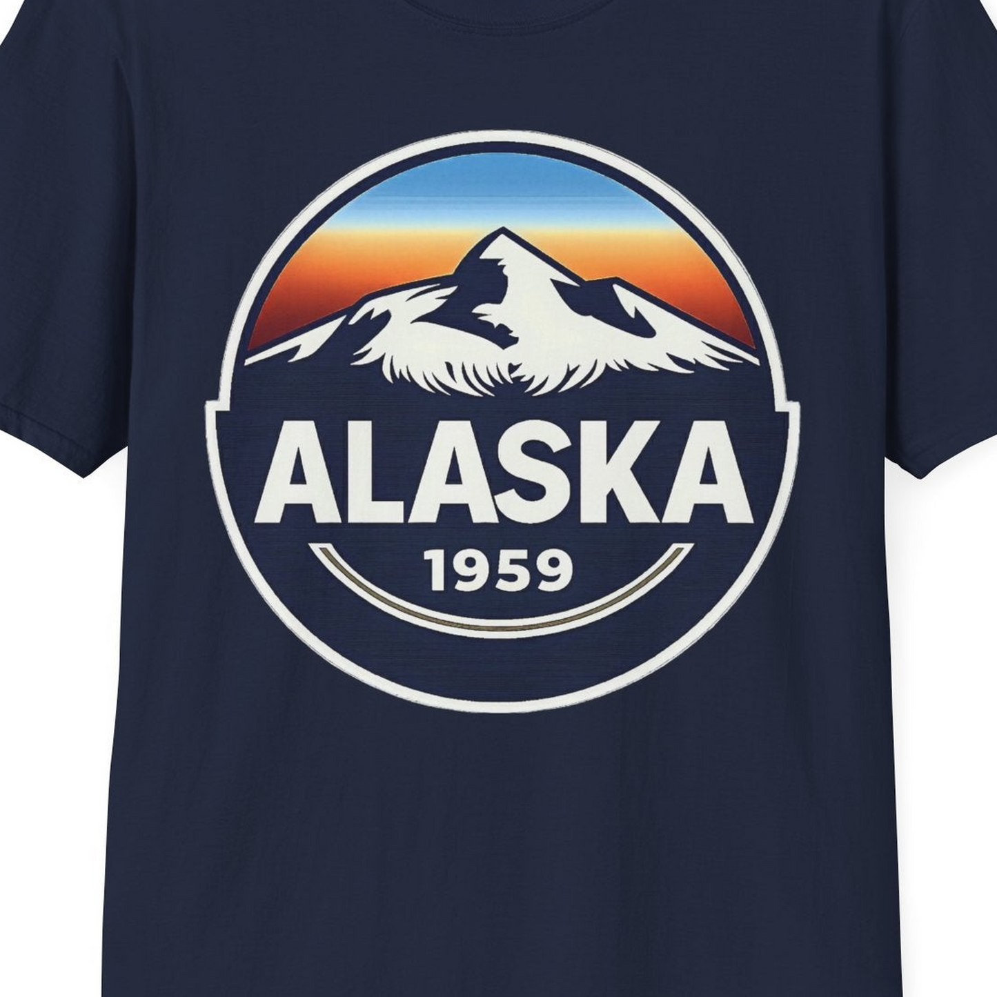 Alaska 1959 Retro Mountain Sunset Badge Shirt Vintage Statehood Tee — T-Shirt T-Shirt – Alaska Cruise Shirts Close Up
