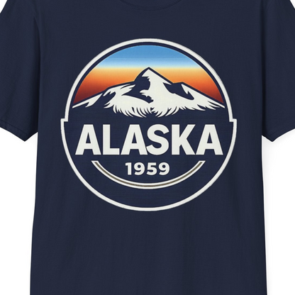 Alaska 1959 Retro Mountain Sunset Badge Shirt Vintage Statehood Tee — T-Shirt T-Shirt – Alaska Cruise Shirts Close Up