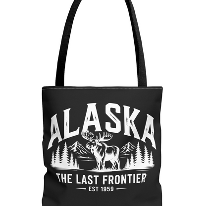 Alaska Moose Tote Bag — 'The Last Frontier' Vintage Mountain Travel Tote T-Shirt – Black – Alaska Cruise Shirts
