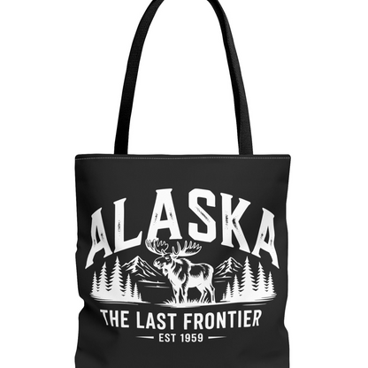 Alaska Moose Tote Bag — 'The Last Frontier' Vintage Mountain Travel Tote T-Shirt – Black – Alaska Cruise Shirts