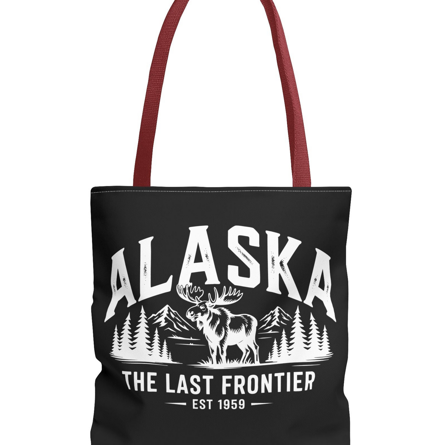 Alaska Moose Tote Bag — 'The Last Frontier' Vintage Mountain Travel Tote T-Shirt – Red – Alaska Cruise Shirts