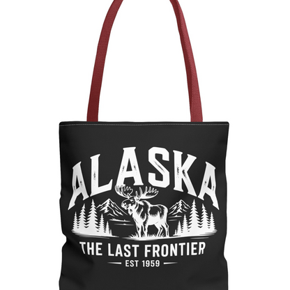 Alaska Moose Tote Bag — 'The Last Frontier' Vintage Mountain Travel Tote T-Shirt – Red – Alaska Cruise Shirts