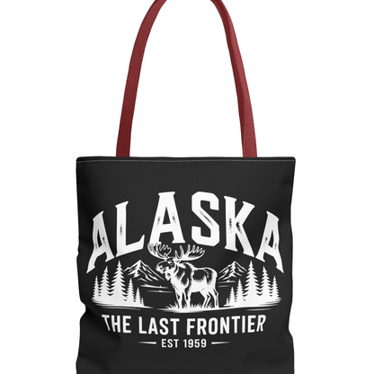 Alaska Moose Tote Bag — 'The Last Frontier' Vintage Mountain Travel Tote T-Shirt – Red – Alaska Cruise Shirts