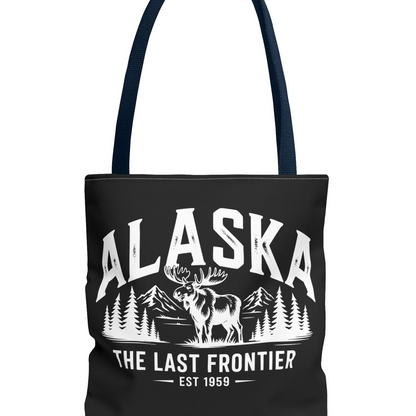 Alaska Moose Tote Bag — 'The Last Frontier' Vintage Mountain Travel Tote T-Shirt – Navy – Alaska Cruise Shirts