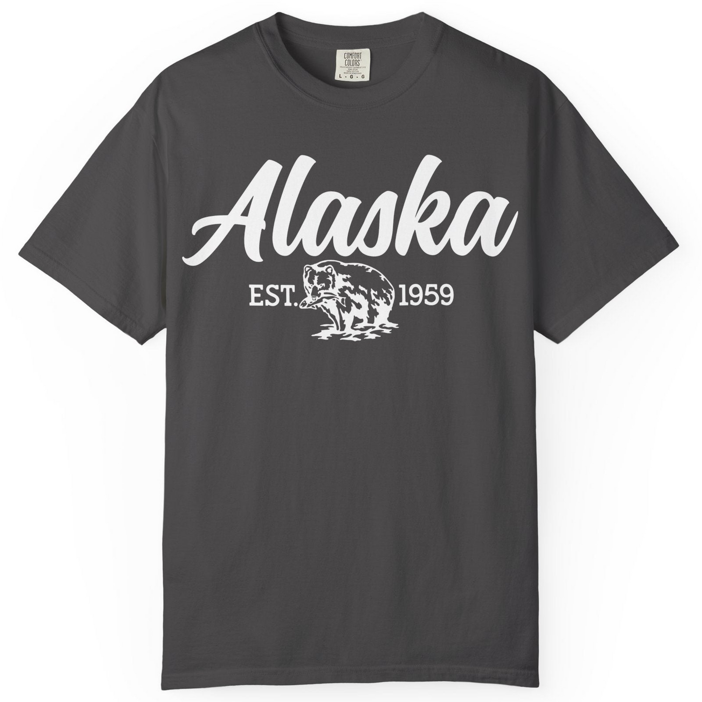 Alaska Bear Est 1959 Vintage Wildlife Graphic Monochrome Shirt — Comfort T-Shirt – Graphite – Alaska Cruise Shirts