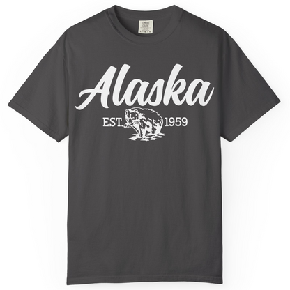 Alaska Bear Est 1959 Vintage Wildlife Graphic Monochrome Shirt — Comfort T-Shirt – Graphite – Alaska Cruise Shirts