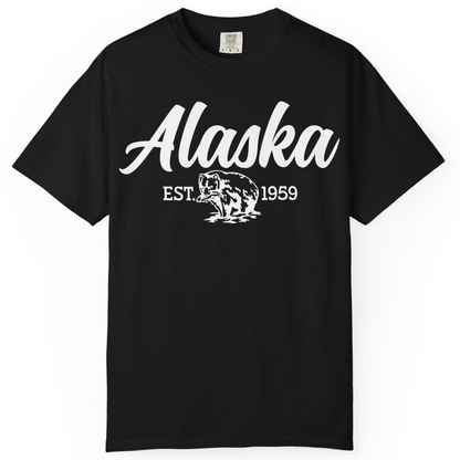 Alaska Bear Est 1959 Vintage Wildlife Graphic Monochrome Shirt — Comfort T-Shirt – Black – Alaska Cruise Shirts