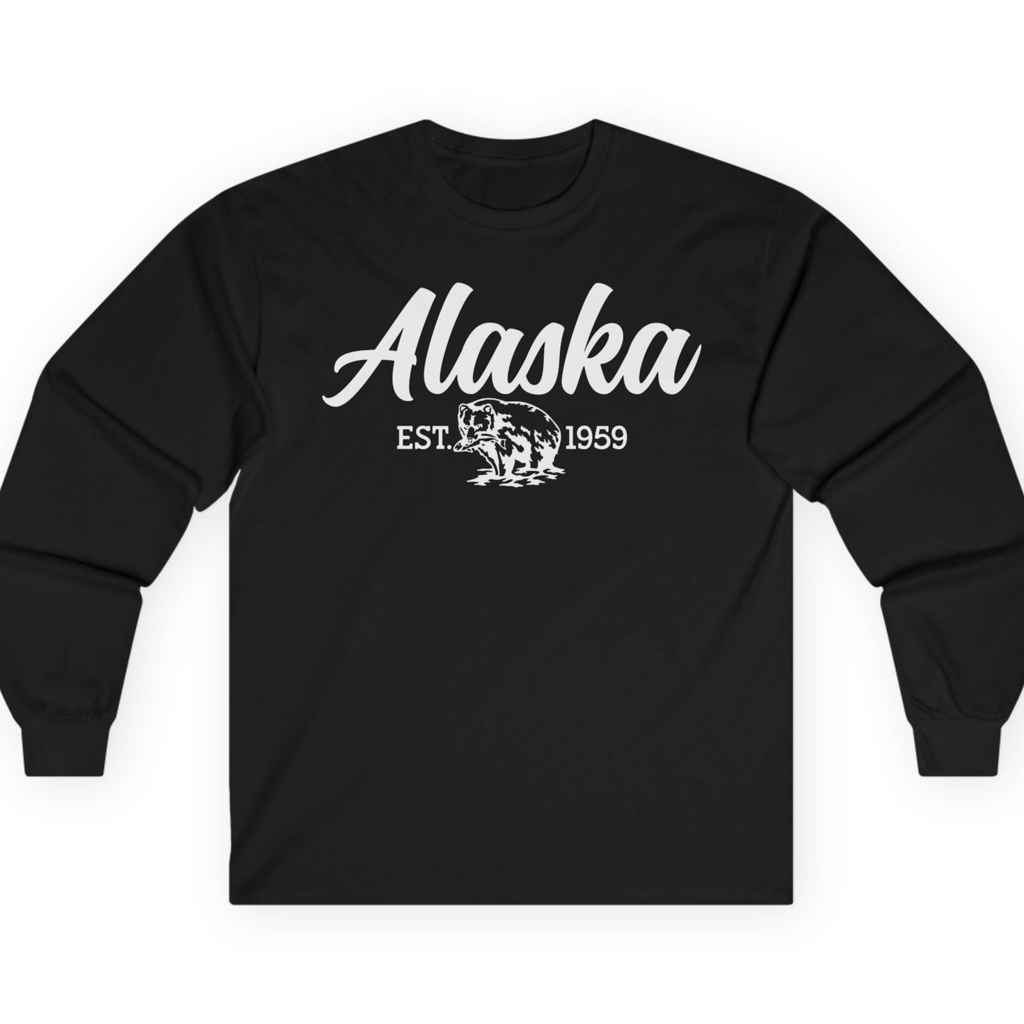 Alaska Bear Est 1959 Vintage Wildlife Graphic Monochrome Shirt — Long Sleeve T-Shirt – Black – Alaska Cruise Shirts