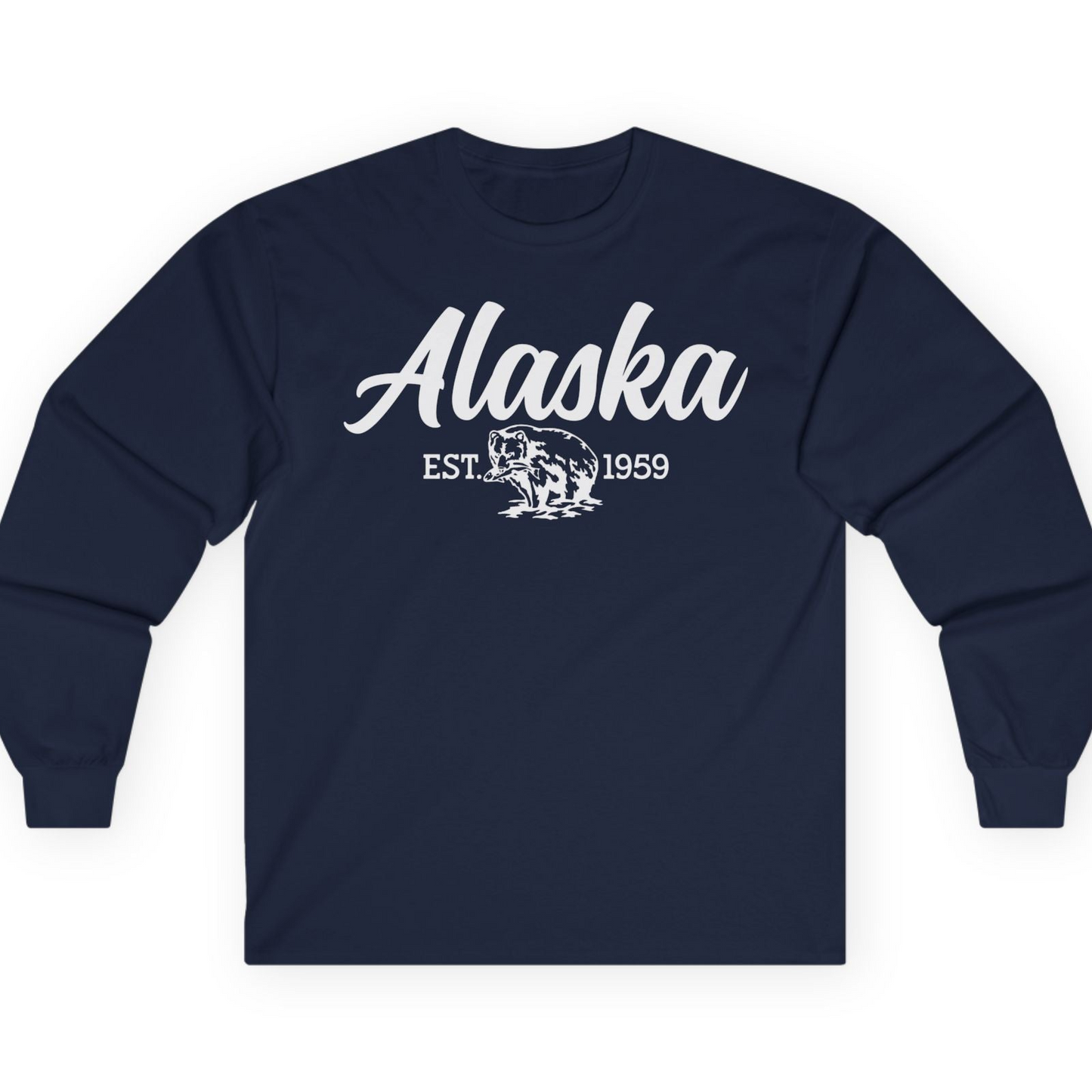 Alaska Bear Est 1959 Vintage Wildlife Graphic Monochrome Shirt — Long Sleeve T-Shirt – Navy – Alaska Cruise Shirts