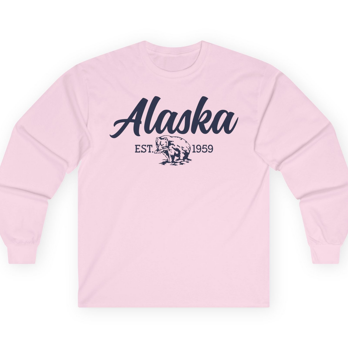 Alaska Bear Est 1959 Vintage Wildlife Graphic Monochrome Shirt — Long Sleeve T-Shirt – Light Pink – Alaska Cruise Shirts