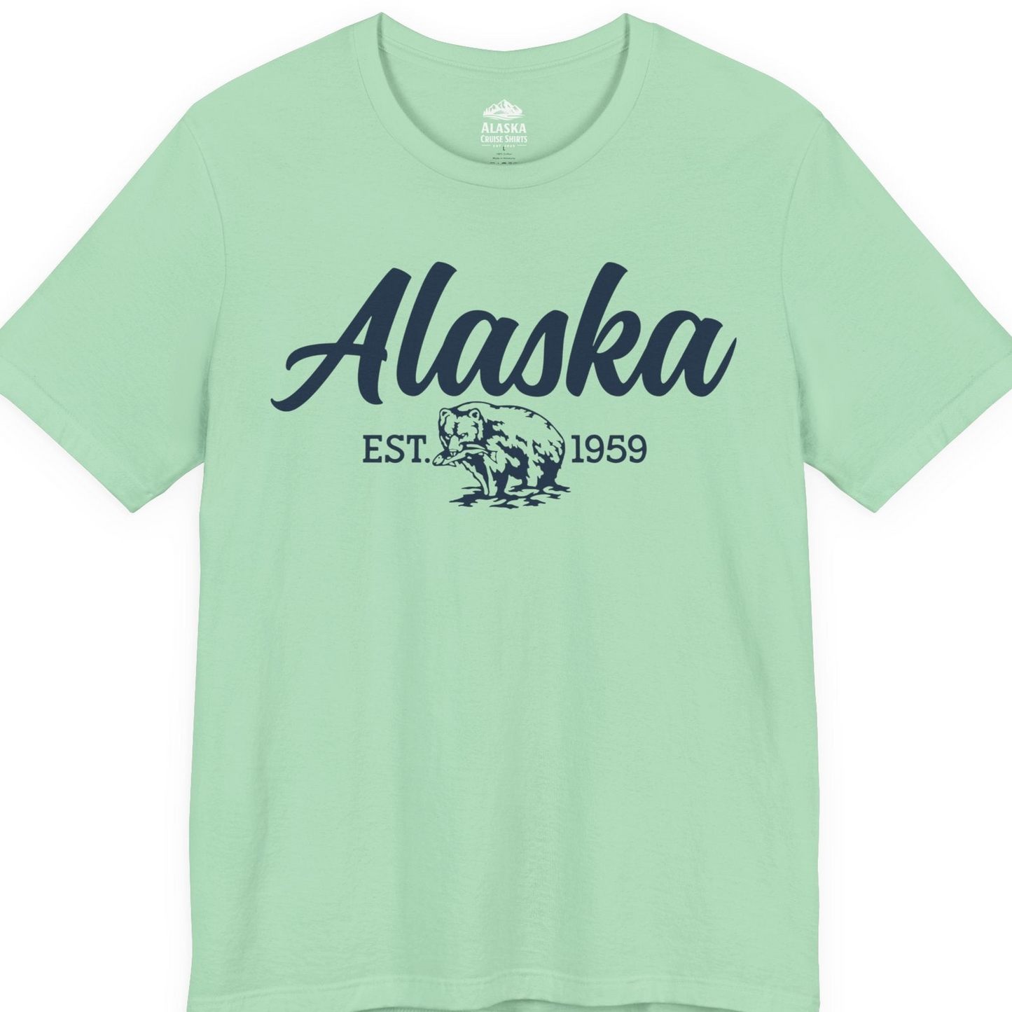 Alaska Bear Est 1959 Vintage Wildlife Graphic Monochrome Shirt — Premium Tee T-Shirt – Mint – Alaska Cruise Shirts