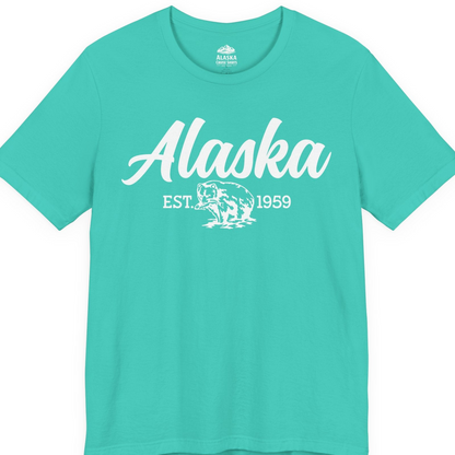 Alaska Bear Est 1959 Vintage Wildlife Graphic Monochrome Shirt — Premium Tee T-Shirt – Teal – Alaska Cruise Shirts