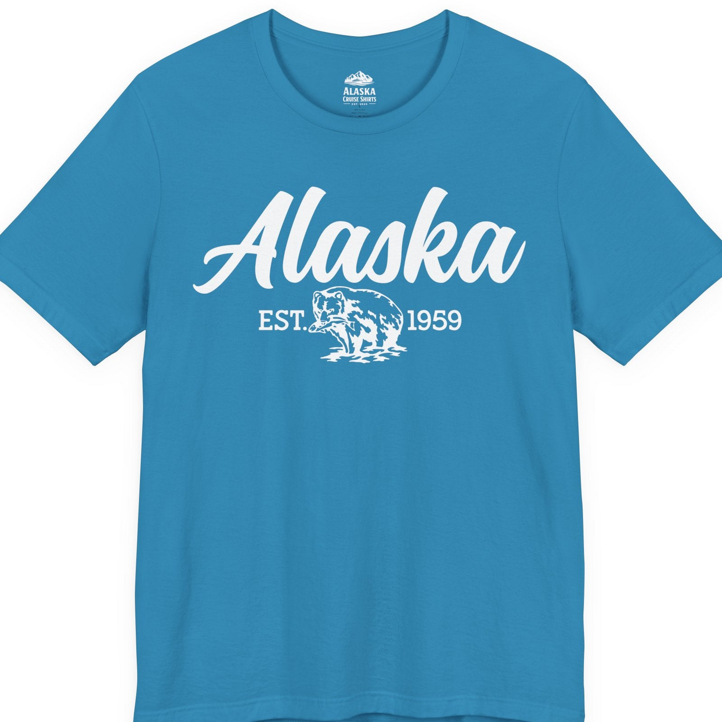 Alaska Bear Est 1959 Vintage Wildlife Graphic Monochrome Shirt — Premium Tee T-Shirt – Aqua – Alaska Cruise Shirts