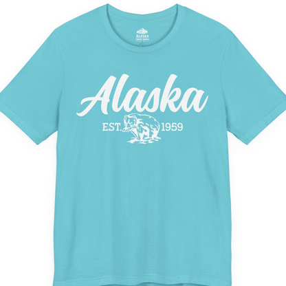 Alaska Bear Est 1959 Vintage Wildlife Graphic Monochrome Shirt — Premium Tee T-Shirt – Turquoise – Alaska Cruise Shirts