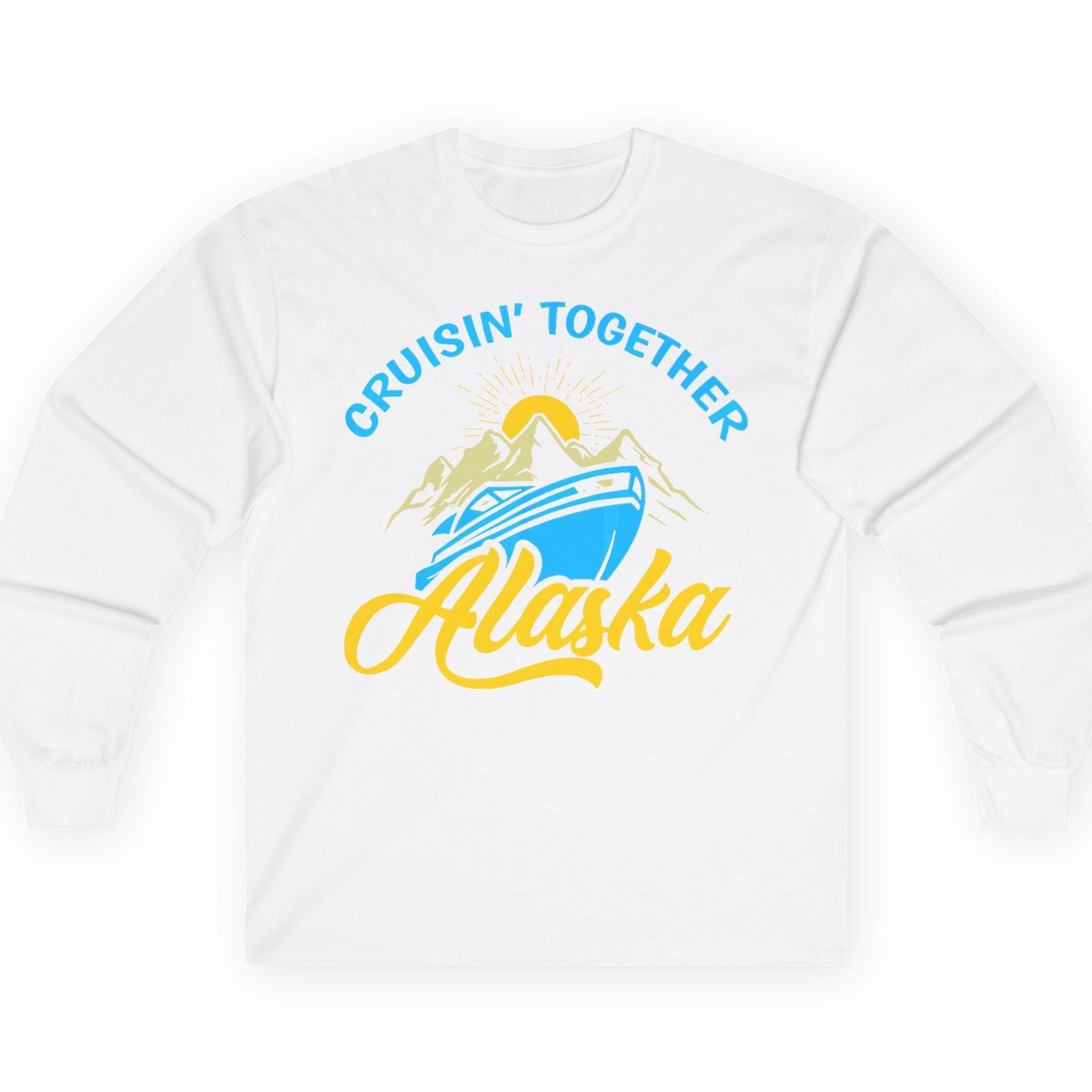 Alaska Cruise Adventure Mountains Sunrise Retro Shirt for Travelers — Long Sleeve T-Shirt – White – Alaska Cruise Shirts