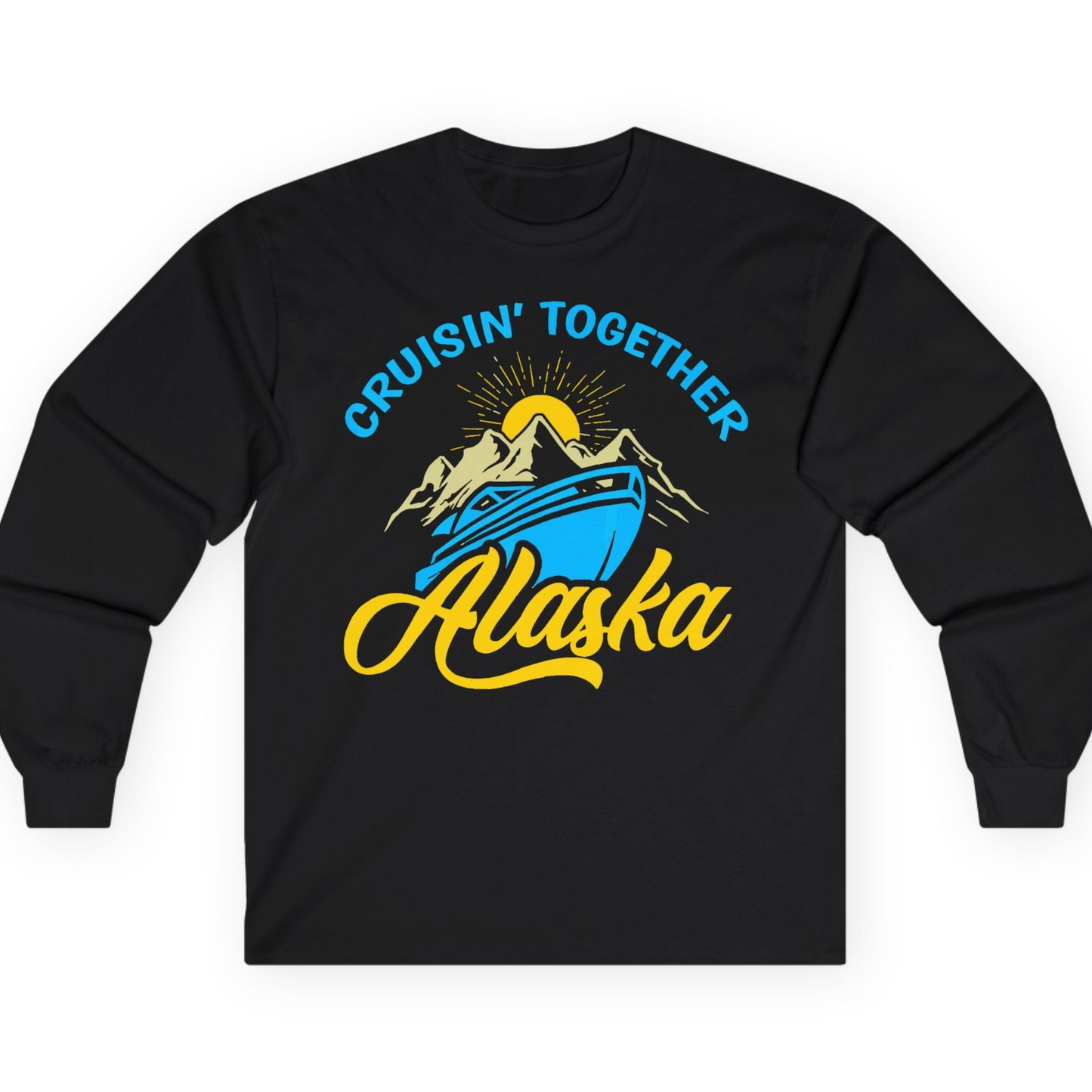 Alaska Cruise Adventure Mountains Sunrise Retro Shirt for Travelers — Long Sleeve T-Shirt – Black – Alaska Cruise Shirts