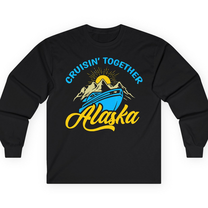 Alaska Cruise Adventure Mountains Sunrise Retro Shirt for Travelers — Long Sleeve T-Shirt – Black – Alaska Cruise Shirts