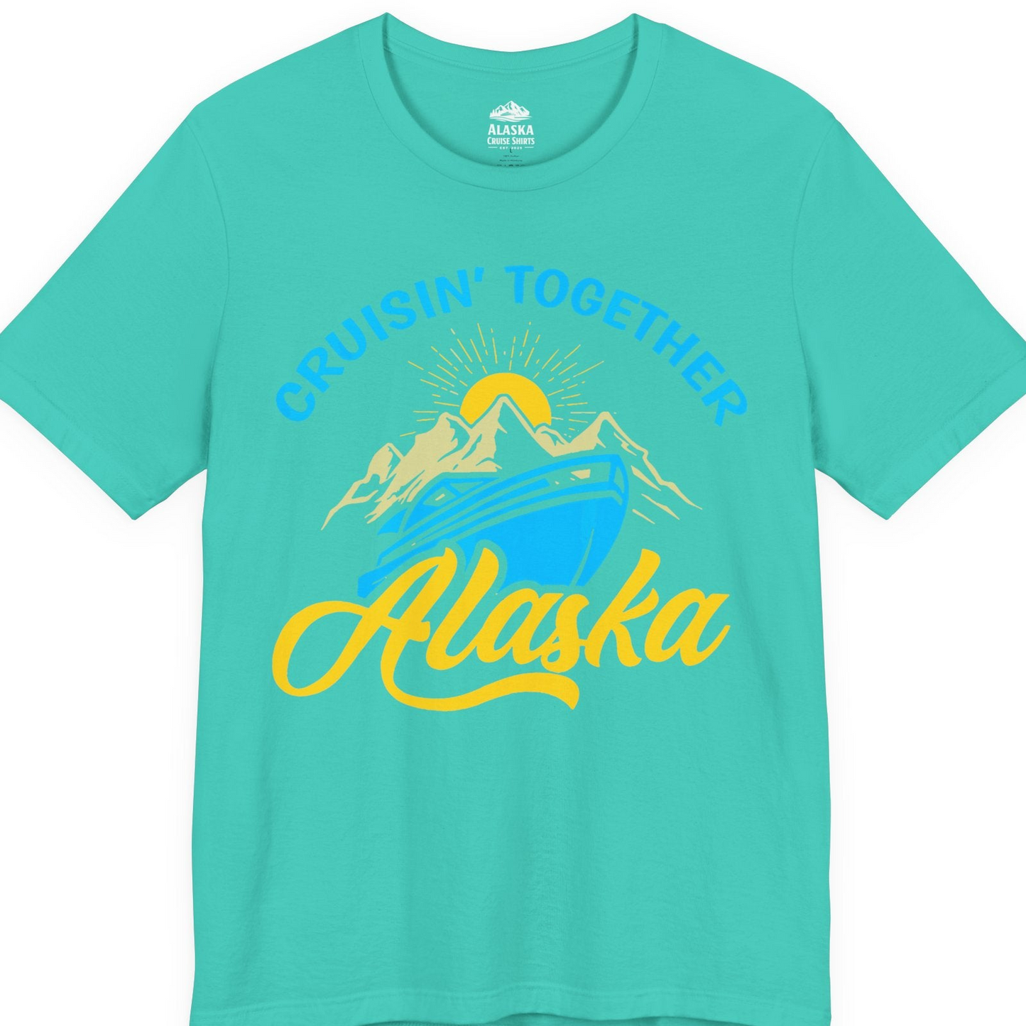 Alaska Cruise Adventure Mountains Sunrise Retro Shirt for Travelers — Premium Tee T-Shirt – Teal – Alaska Cruise Shirts