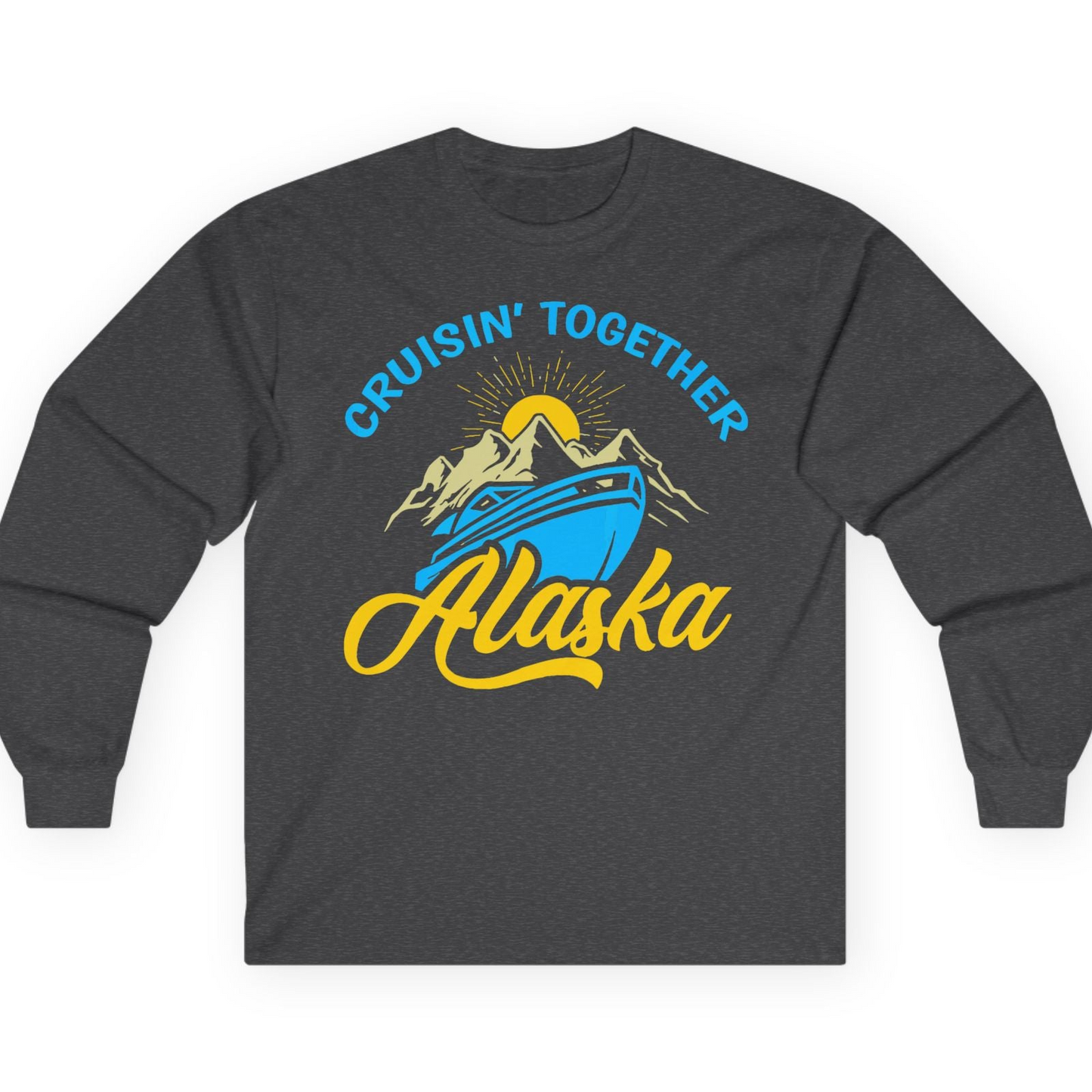 Alaska Cruise Adventure Mountains Sunrise Retro Shirt for Travelers — Long Sleeve T-Shirt – Dark Heather – Alaska Cruise Shirts