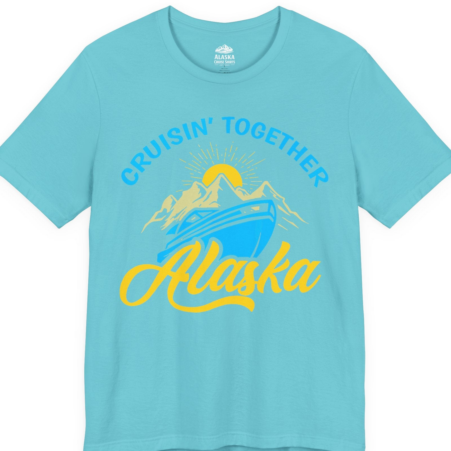 Alaska Cruise Adventure Mountains Sunrise Retro Shirt for Travelers — Premium Tee T-Shirt – Turquoise – Alaska Cruise Shirts