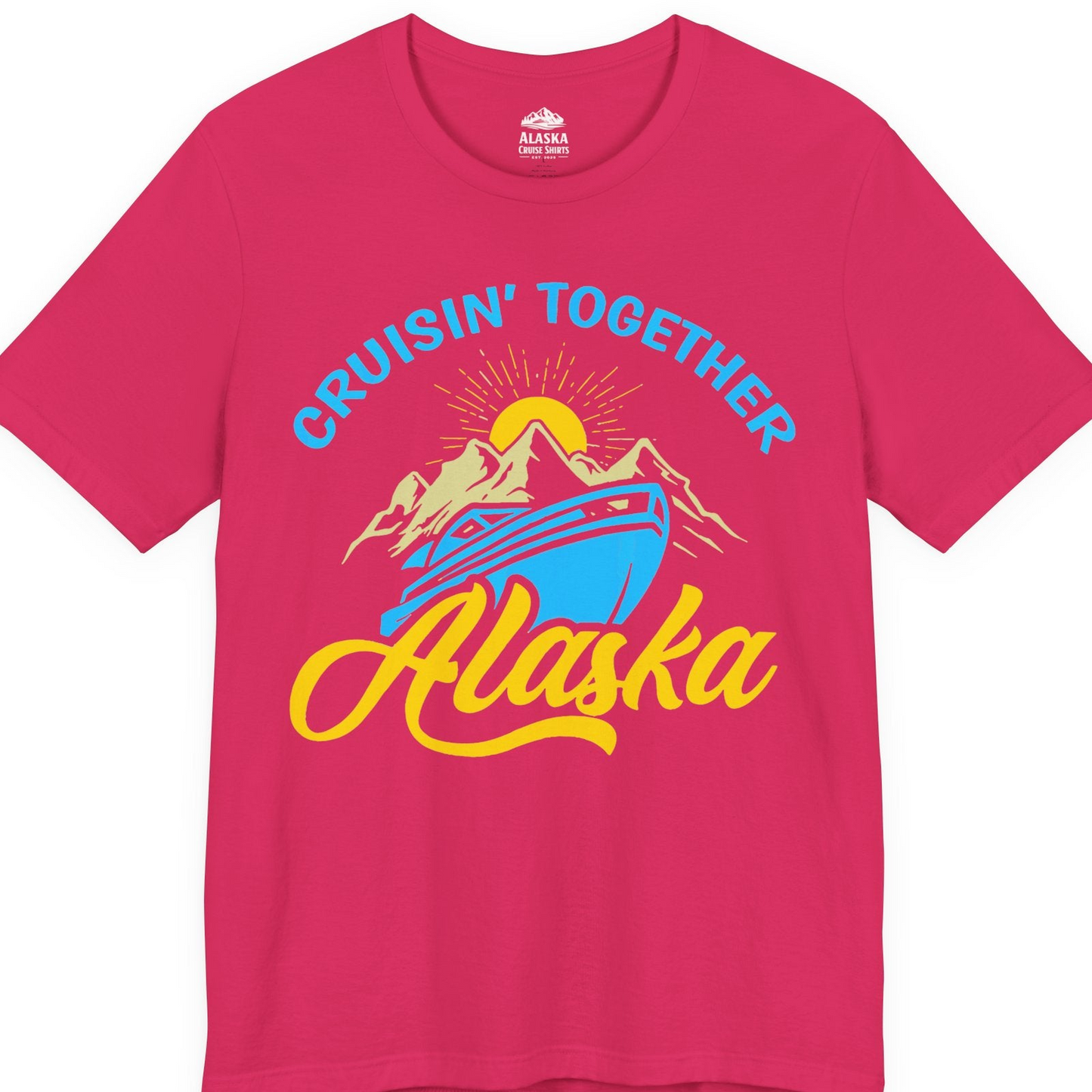Alaska Cruise Adventure Mountains Sunrise Retro Shirt for Travelers — Premium Tee T-Shirt – Fuchsia – Alaska Cruise Shirts