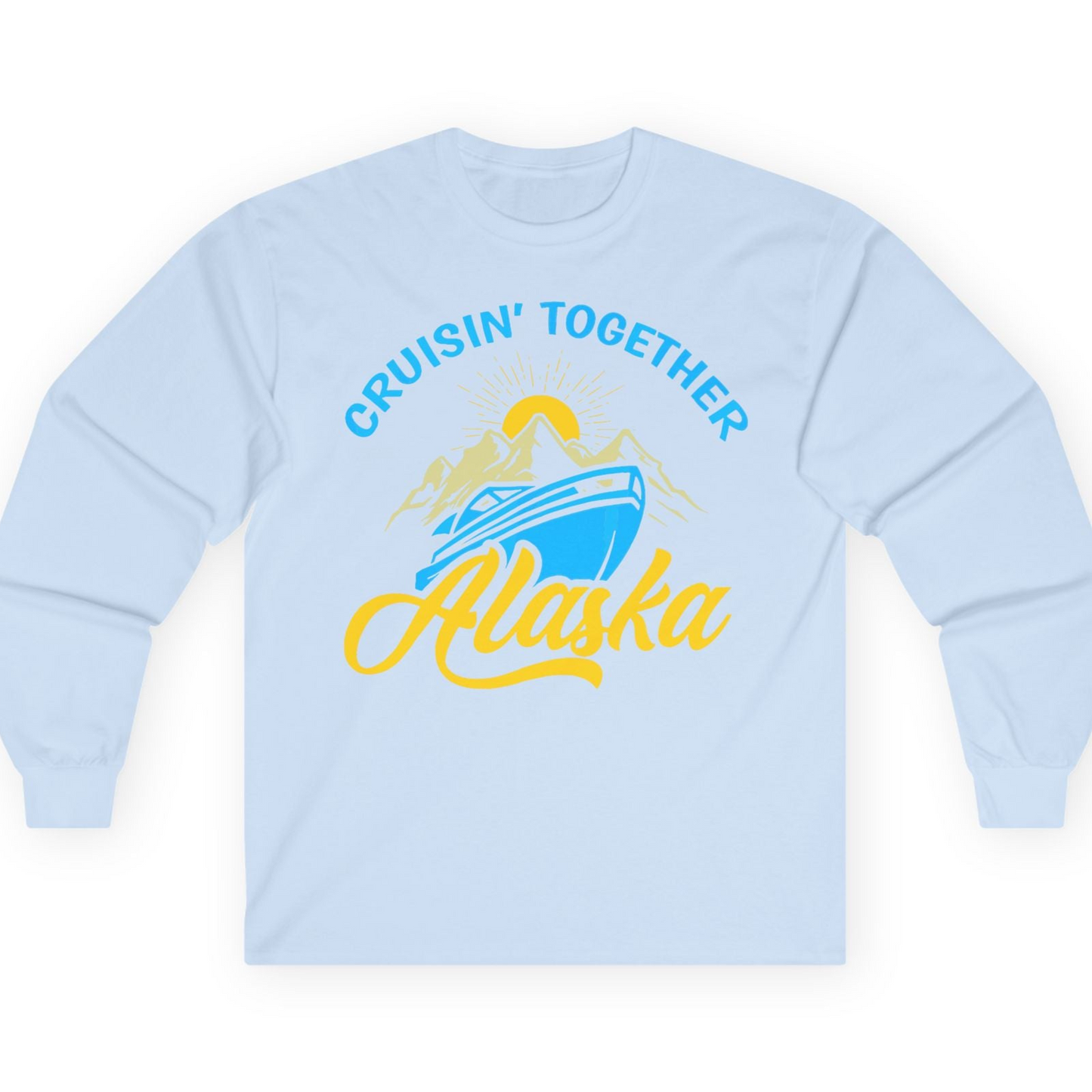 Alaska Cruise Adventure Mountains Sunrise Retro Shirt for Travelers — Long Sleeve T-Shirt – Light Blue – Alaska Cruise Shirts