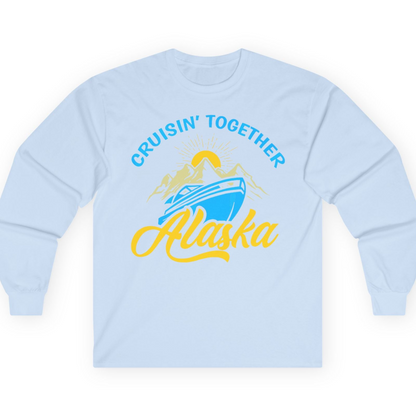 Alaska Cruise Adventure Mountains Sunrise Retro Shirt for Travelers — Long Sleeve T-Shirt – Light Blue – Alaska Cruise Shirts