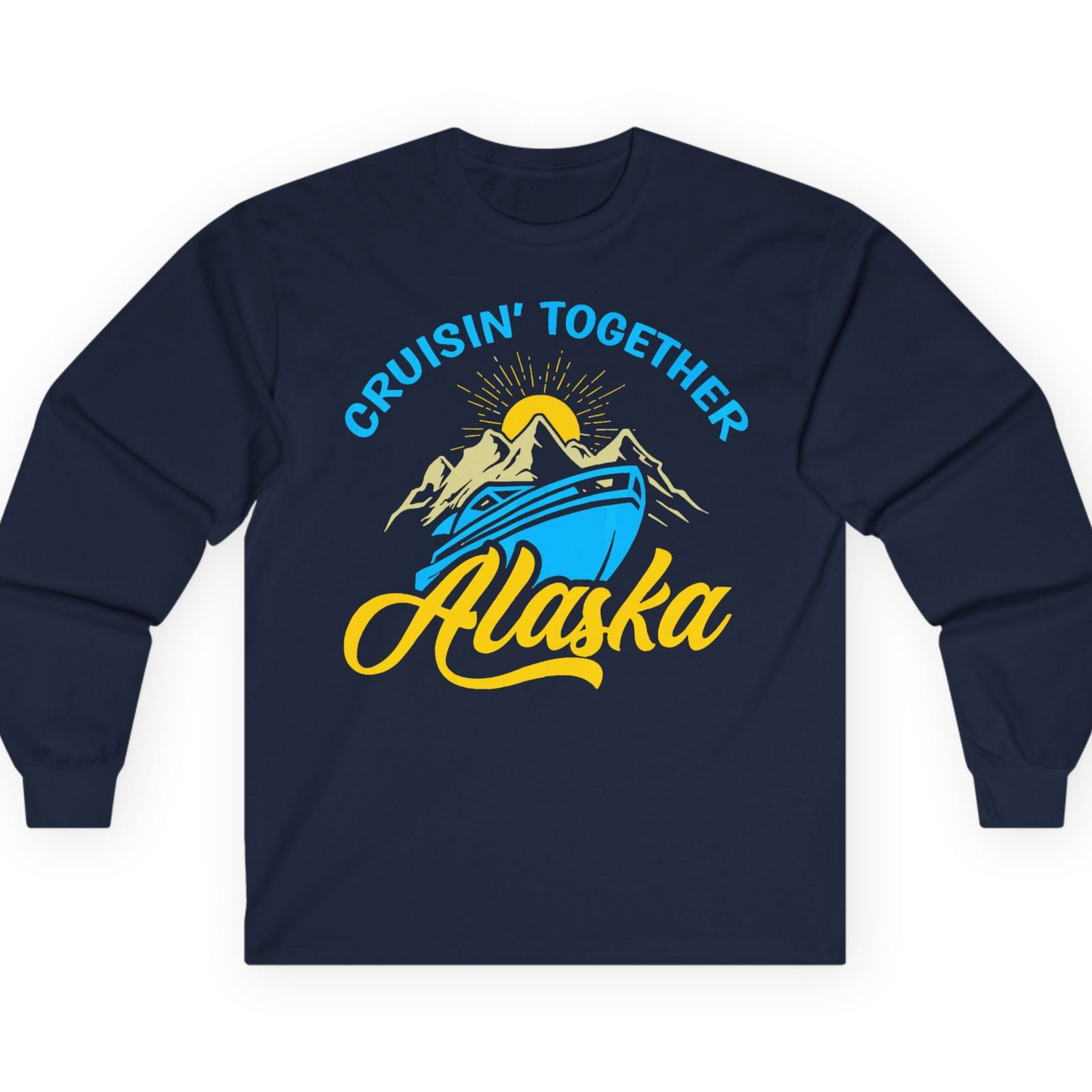 Alaska Cruise Adventure Mountains Sunrise Retro Shirt for Travelers — Long Sleeve T-Shirt – Navy – Alaska Cruise Shirts