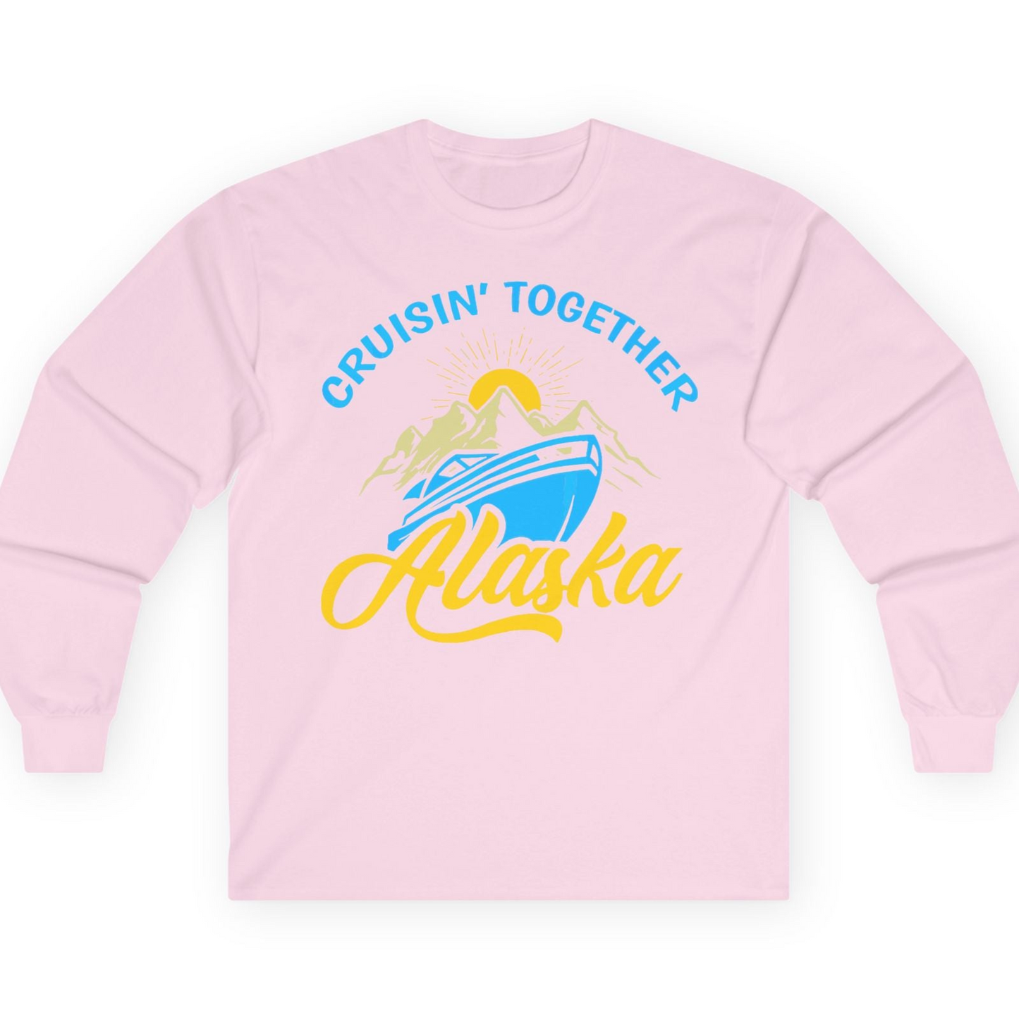 Alaska Cruise Adventure Mountains Sunrise Retro Shirt for Travelers — Long Sleeve T-Shirt – Light Pink – Alaska Cruise Shirts
