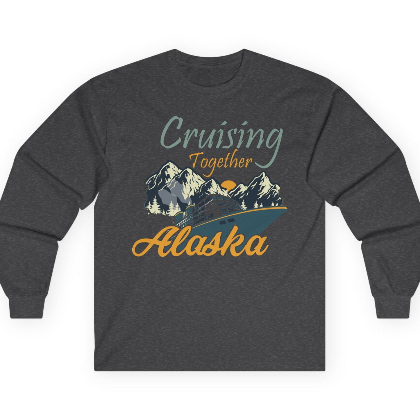 Cruising Together Alaska Mountains Family Alaska Cruise Adventure Shirt — Long Sleeve T-Shirt – Dark Heather – Alaska Cruise Shirts