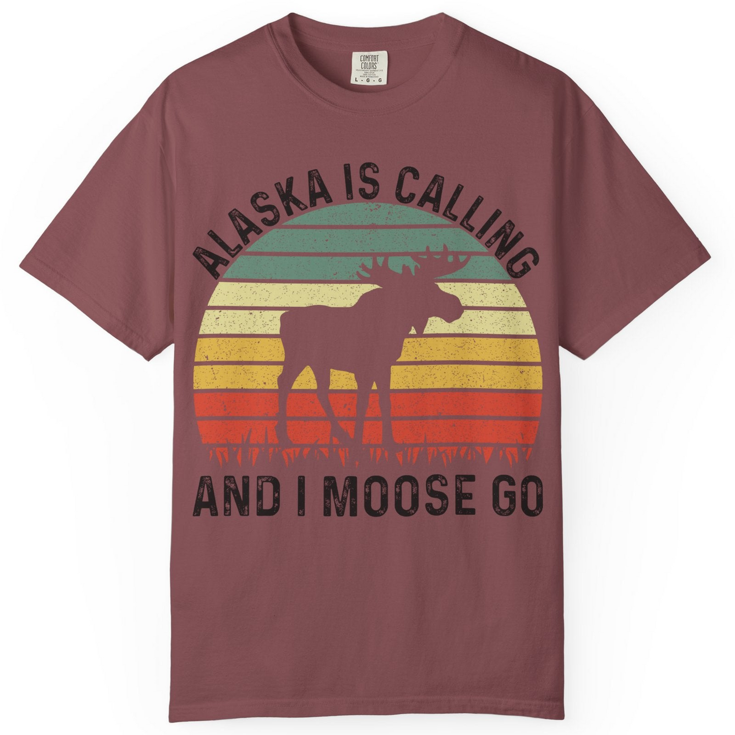 Alaska Is Calling And I Moose Go Retro Sunset Moose Graphic Shirt — Comfort T-Shirt – Brick – Alaska Cruise Shirts