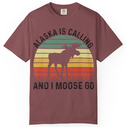 Alaska Is Calling And I Moose Go Retro Sunset Moose Graphic Shirt — Comfort T-Shirt – Brick – Alaska Cruise Shirts