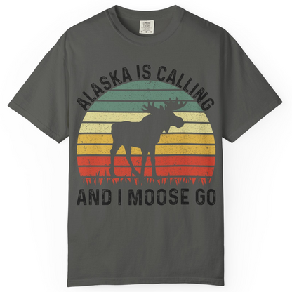 Alaska Is Calling And I Moose Go Retro Sunset Moose Graphic Shirt — Comfort T-Shirt – Pepper – Alaska Cruise Shirts