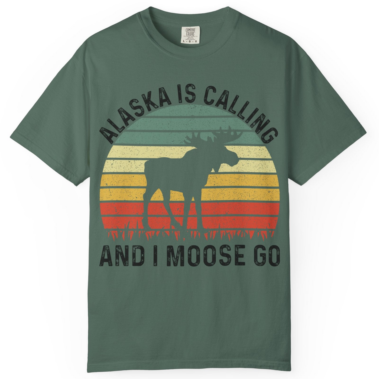 Alaska Is Calling And I Moose Go Retro Sunset Moose Graphic Shirt — Comfort T-Shirt – Blue Spruce – Alaska Cruise Shirts