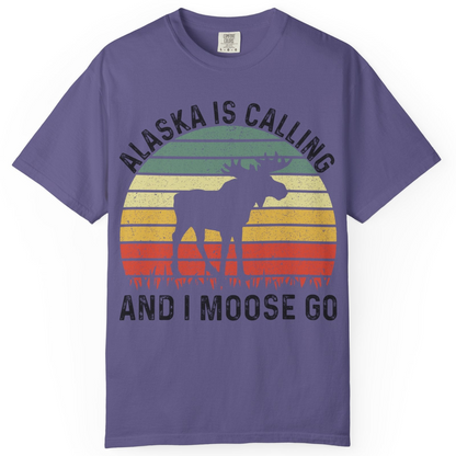 Alaska Is Calling And I Moose Go Retro Sunset Moose Graphic Shirt — Comfort T-Shirt – Grape – Alaska Cruise Shirts