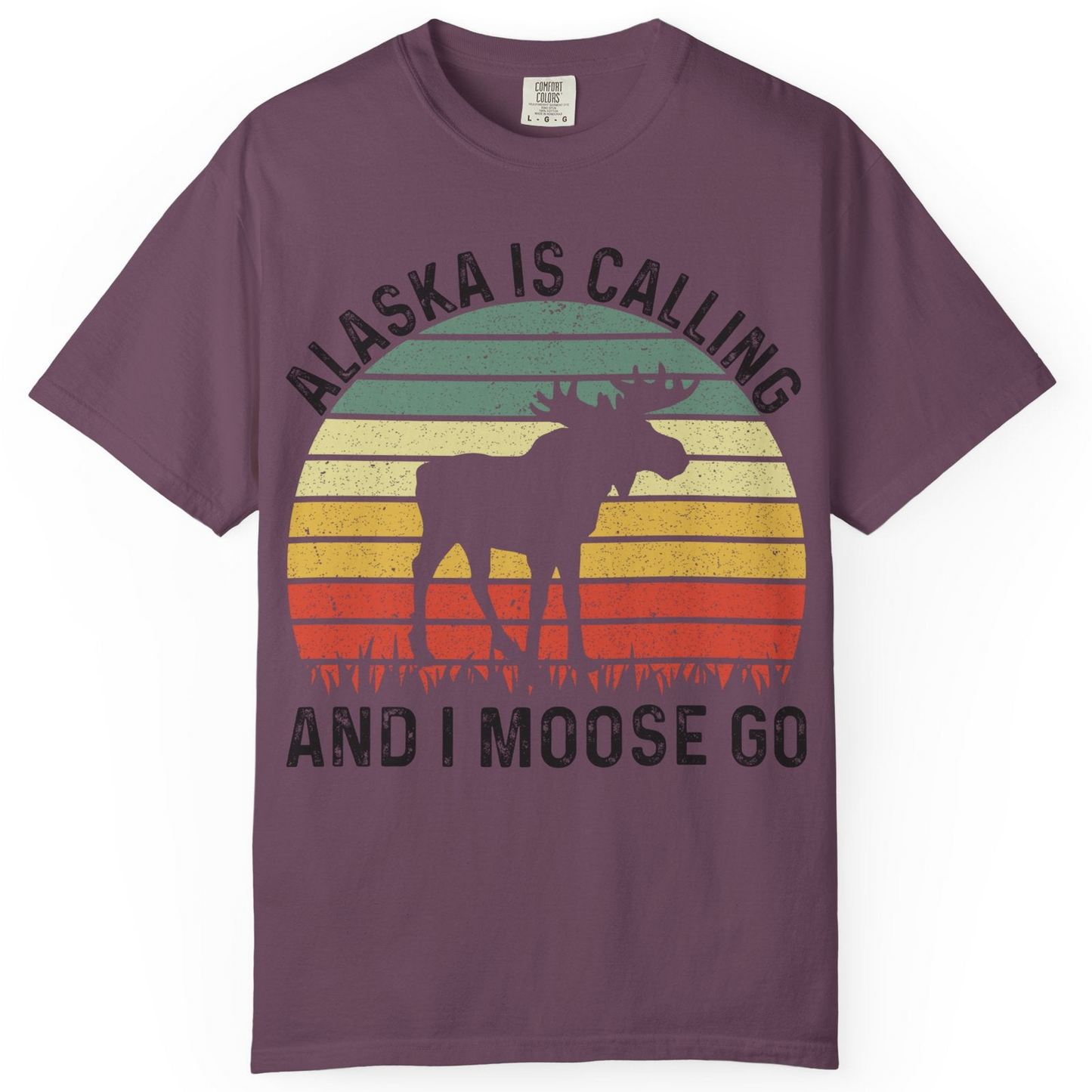 Alaska Is Calling And I Moose Go Retro Sunset Moose Graphic Shirt — Comfort T-Shirt – Berry – Alaska Cruise Shirts