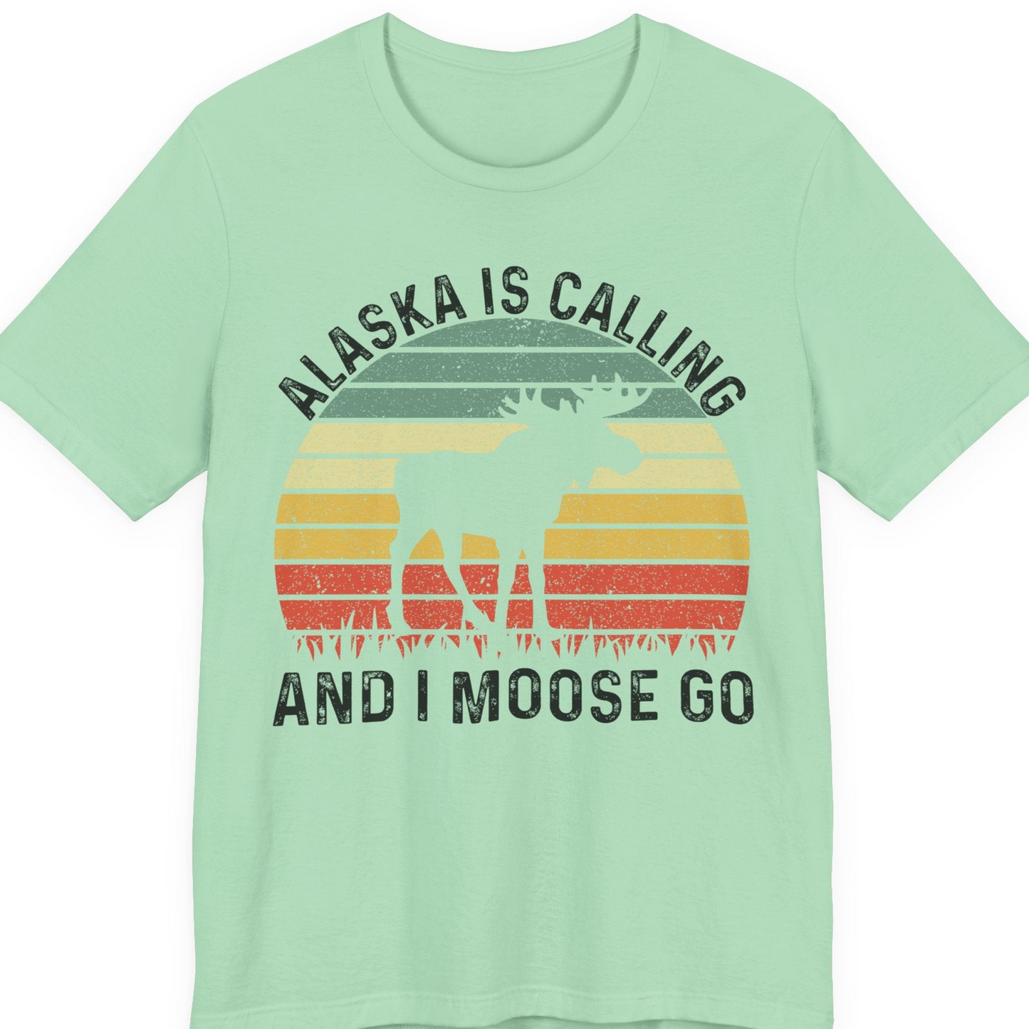 Alaska Is Calling And I Moose Go Retro Sunset Moose Graphic Shirt — Premium Tee T-Shirt – Mint – Alaska Cruise Shirts