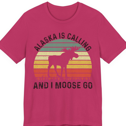 Alaska Is Calling And I Moose Go Retro Sunset Moose Graphic Shirt — Premium Tee T-Shirt – Berry – Alaska Cruise Shirts